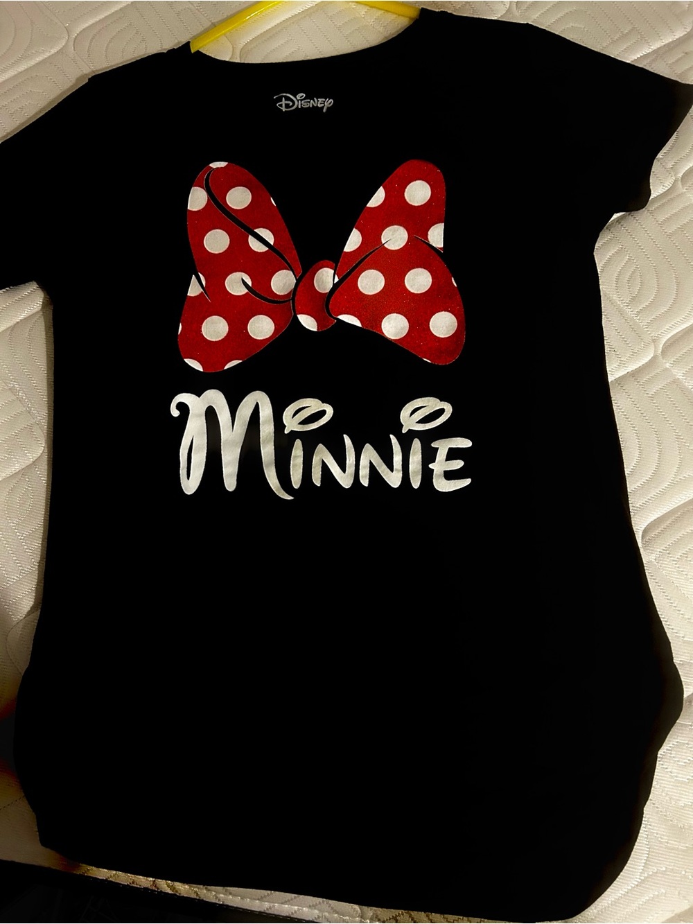 Disney Black Minnie Graphic shirt with Red Polka Dot Bow. Sparkle bow vibrant!